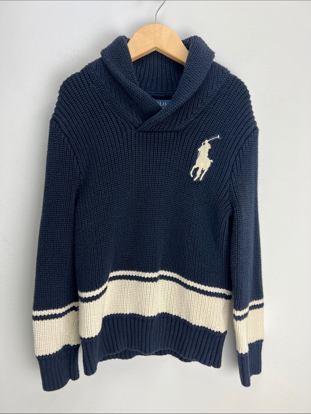 Polo Ralph Lauren Shawl Collar Sweater Navy Blue Striped Big Pony Boys 6 Fall